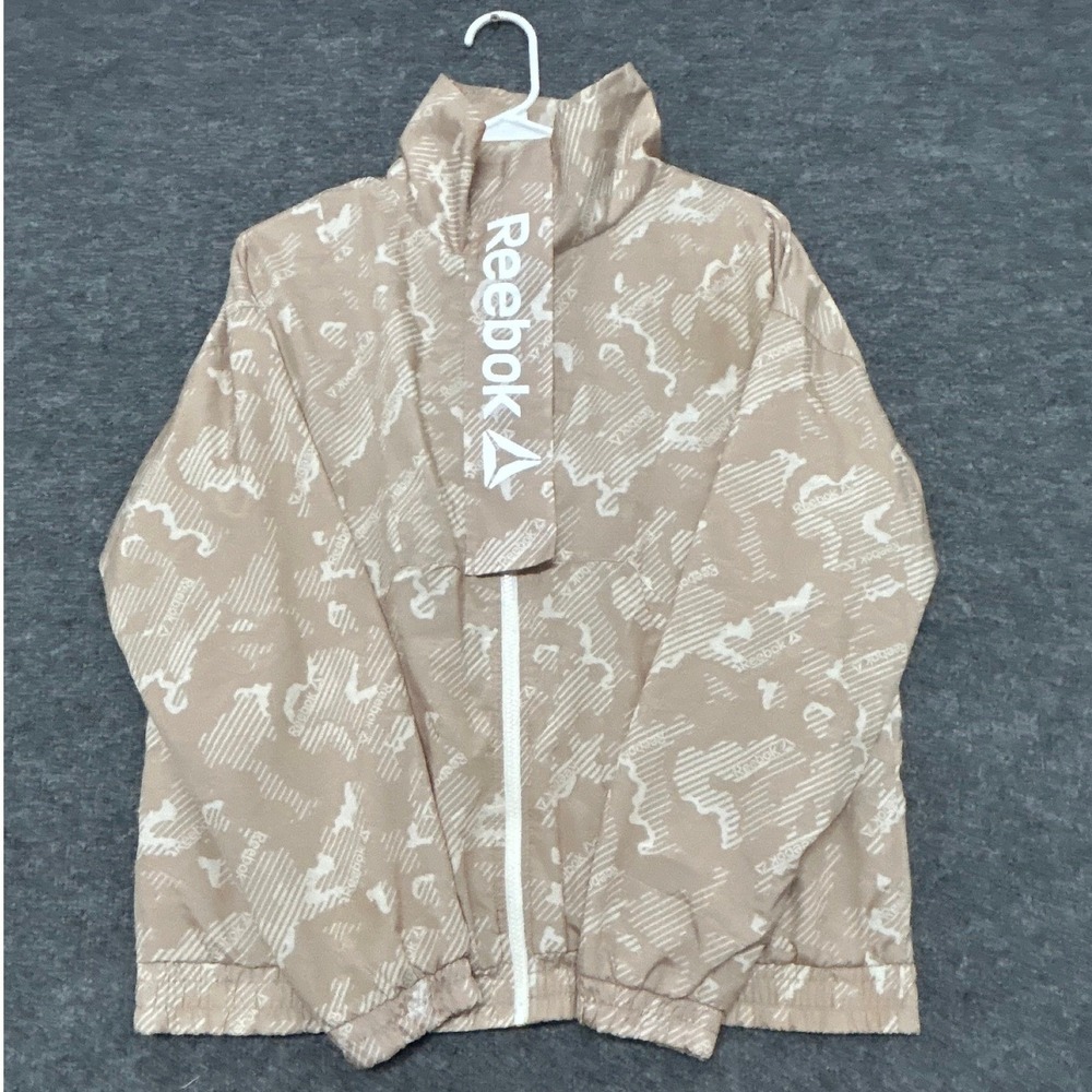 Reebok Windbreaker Jacket Womens Size M Beige Abstract Logo Print Full Zip Sport